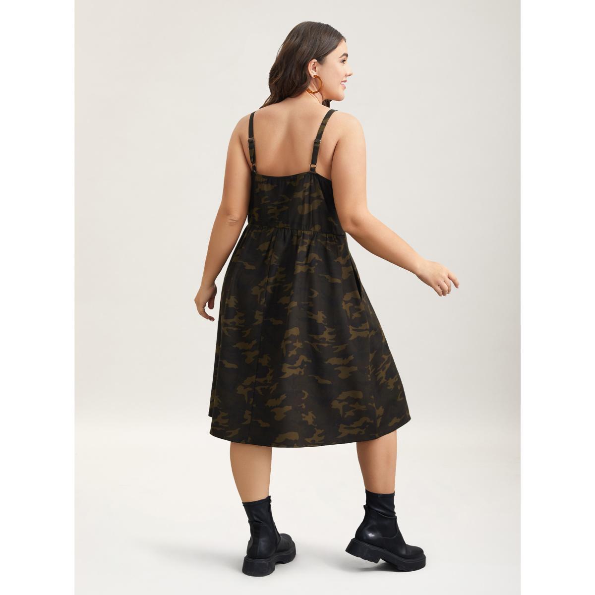 Plus Size Camouflage Print Zipper Front Adjustable Midi Dress ArmyGreen Women Casual Non Non Sleeveless Curvy BloomChic 28/5X Product Image