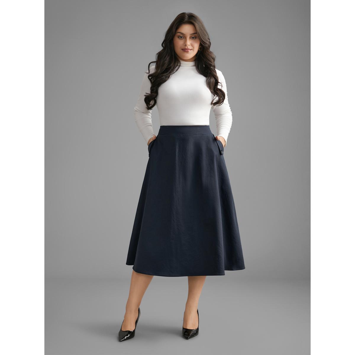 Plus Size Solid Buckle Detail Pocket Skirt Women Indigo Elegant Button Low stretch Slanted pocket Everyday Skirts BloomChic 12/L Product Image