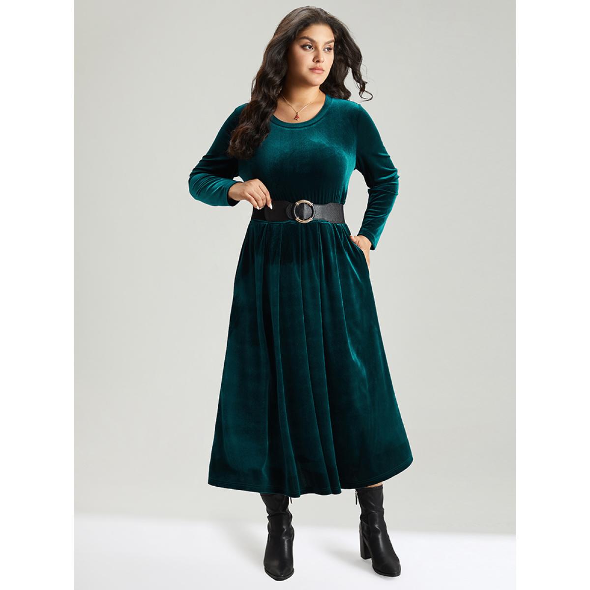 Plus Size Velvet Plain Pocket Pleated Hem Dress Cyan Women Elegant Plain Round Neck Long Sleeve Curvy Midi Dress BloomChic 14-16/1X Product Image