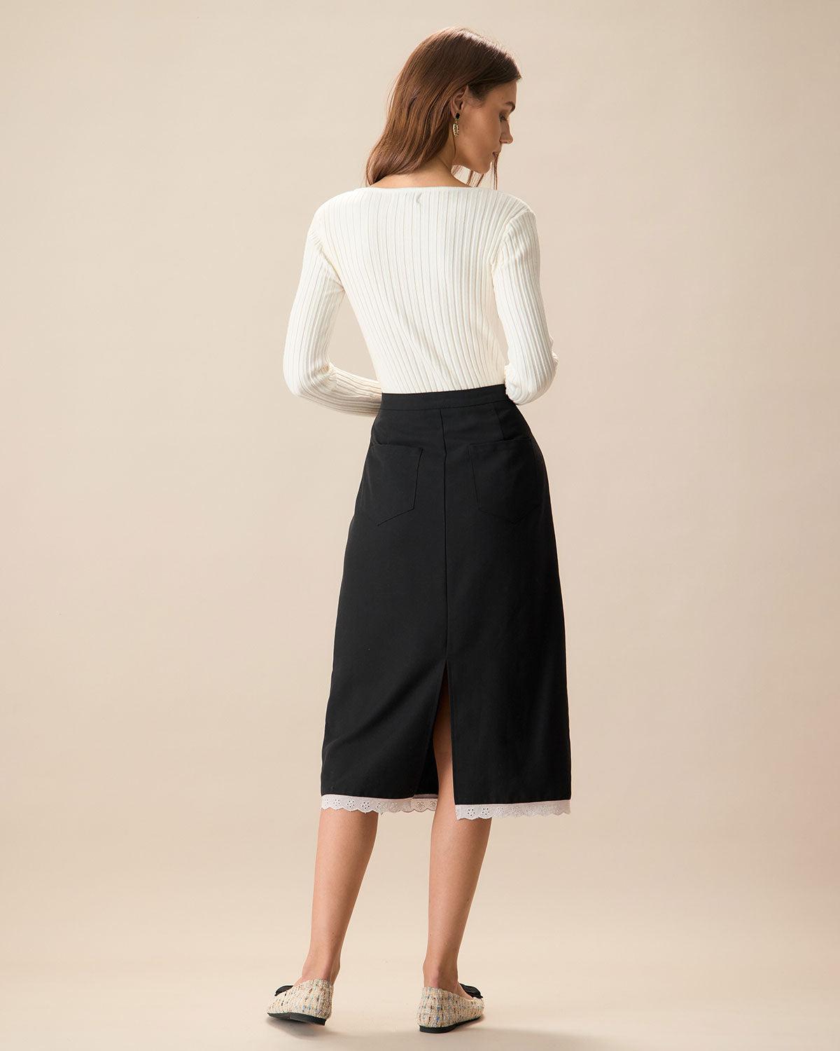 Black Contrasting Slit Midi Skirt Product Image