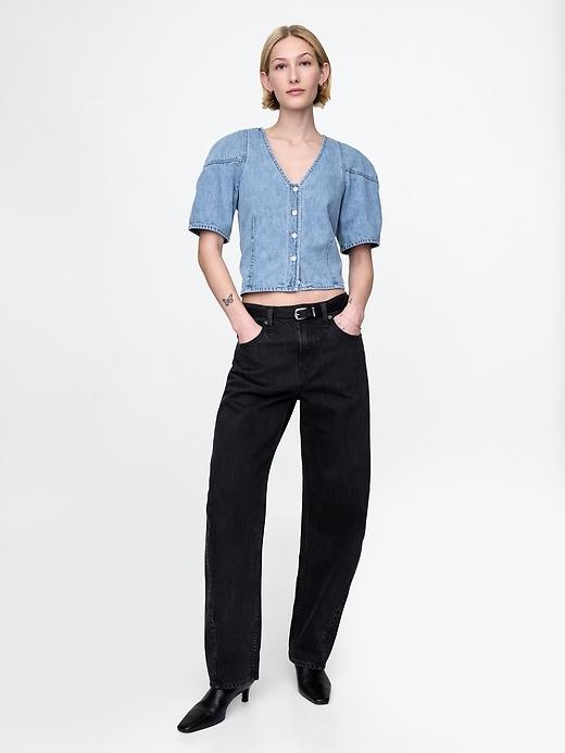 Cropped Puff-Sleeve Denim Shirt Product Image