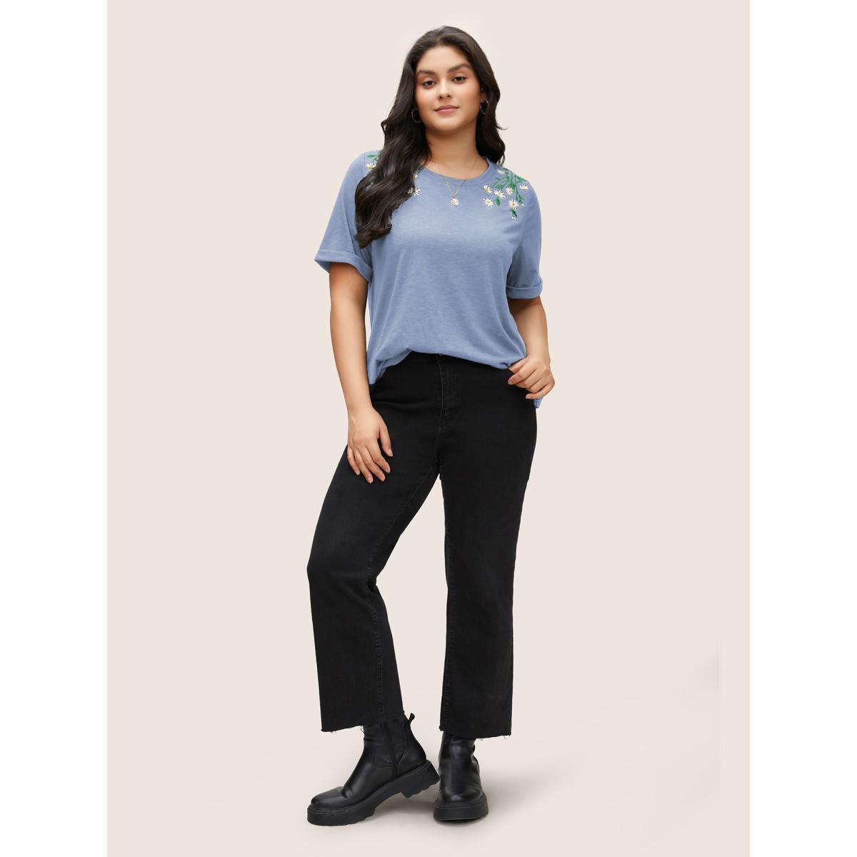 Plus Size Floral Embroidered Roll Sleeve T-shirt LightBlue Women Elegant Roll Hem Plants Round Neck Everyday T-shirts BloomChic 22-24/3X Product Image
