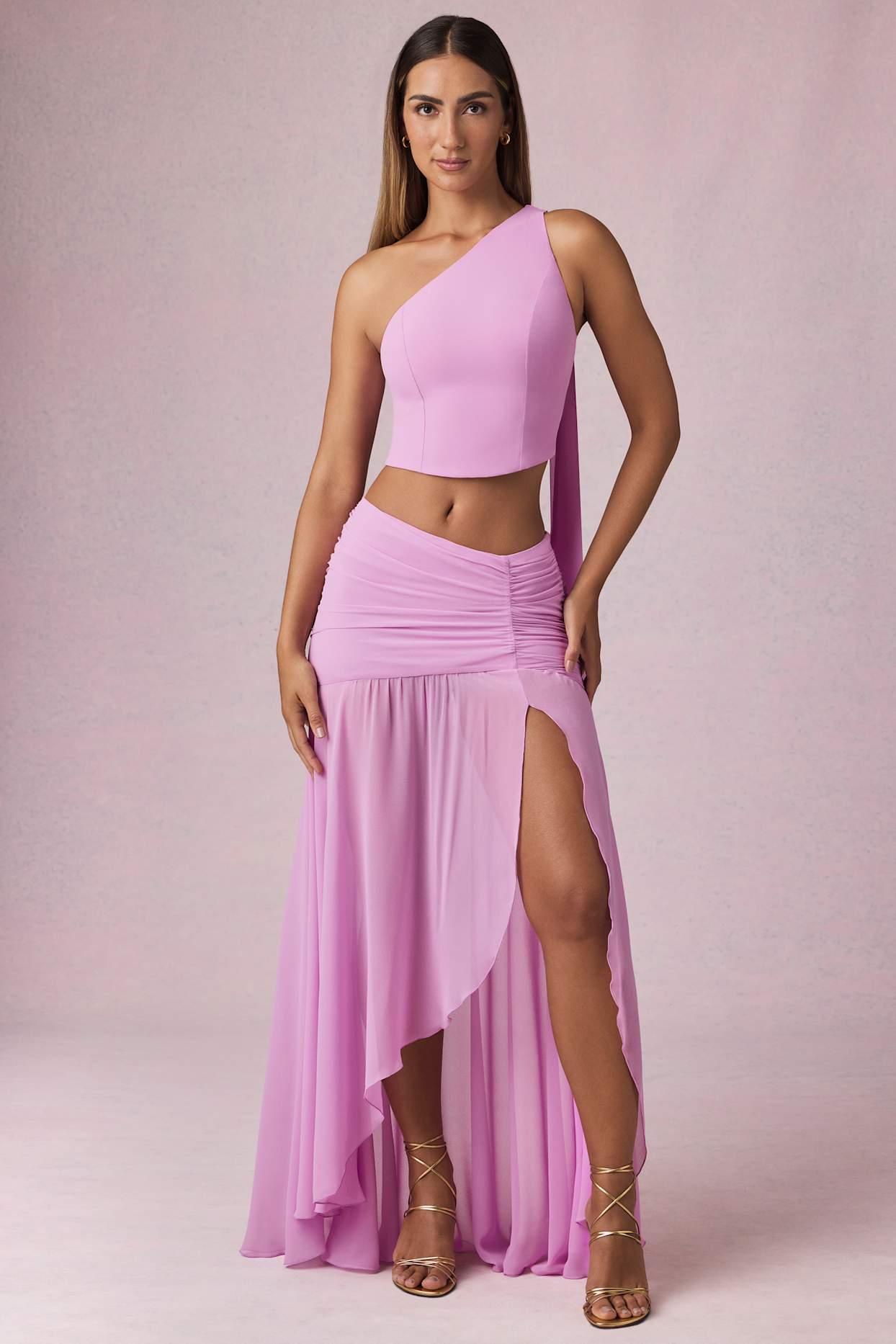 Asymmetric Ruched Maxi Skirt in Pink Orchid Product Image