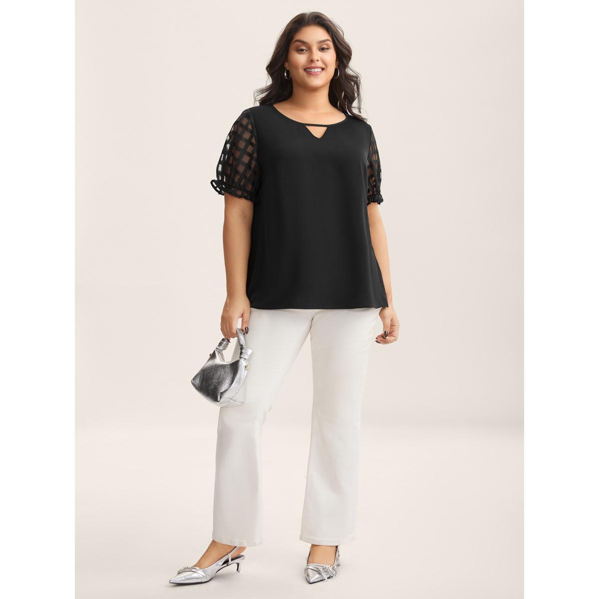 Plus Size Black Sheer Grid Neck Keyhole Blouse Women Short sleeve Round Neck Work Blouses BloomChic 18-20/2X Product Image