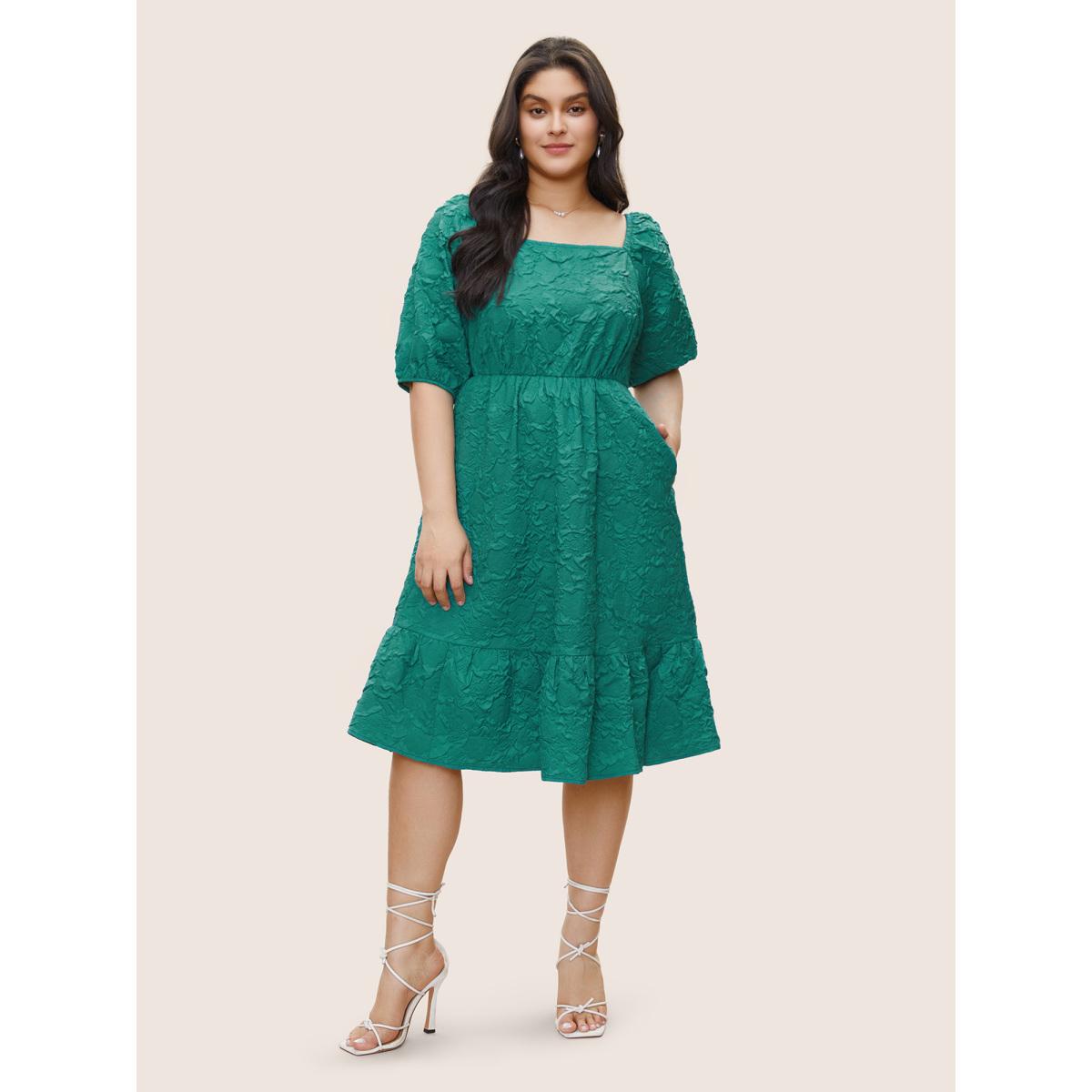 Plus Size Plisse Patchwork Flutter Hem Square Neck Dress Emerald Women Elegant Non Square Neck Half Sleeve Curvy Midi Dress BloomChic 14-16/1X Product Image