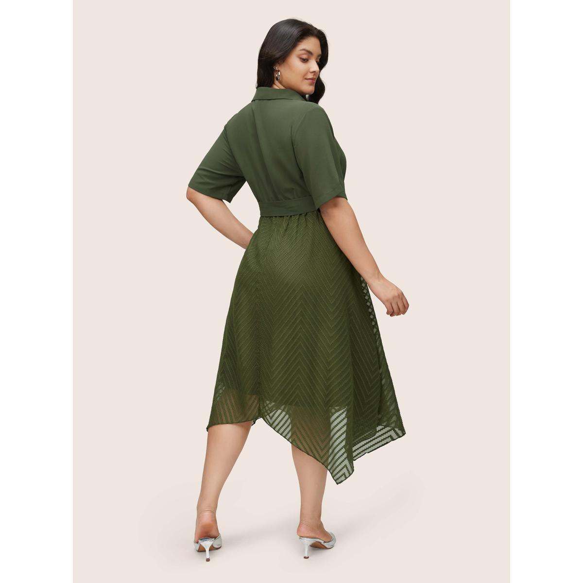 Plus Size Plain Texture Mesh Belted Asymmetrical Hem Dress ArmyGreen Women At the Office Texture Shirt collar Short sleeve Curvy Midi Dress BloomChic 14-16/1X Product Image