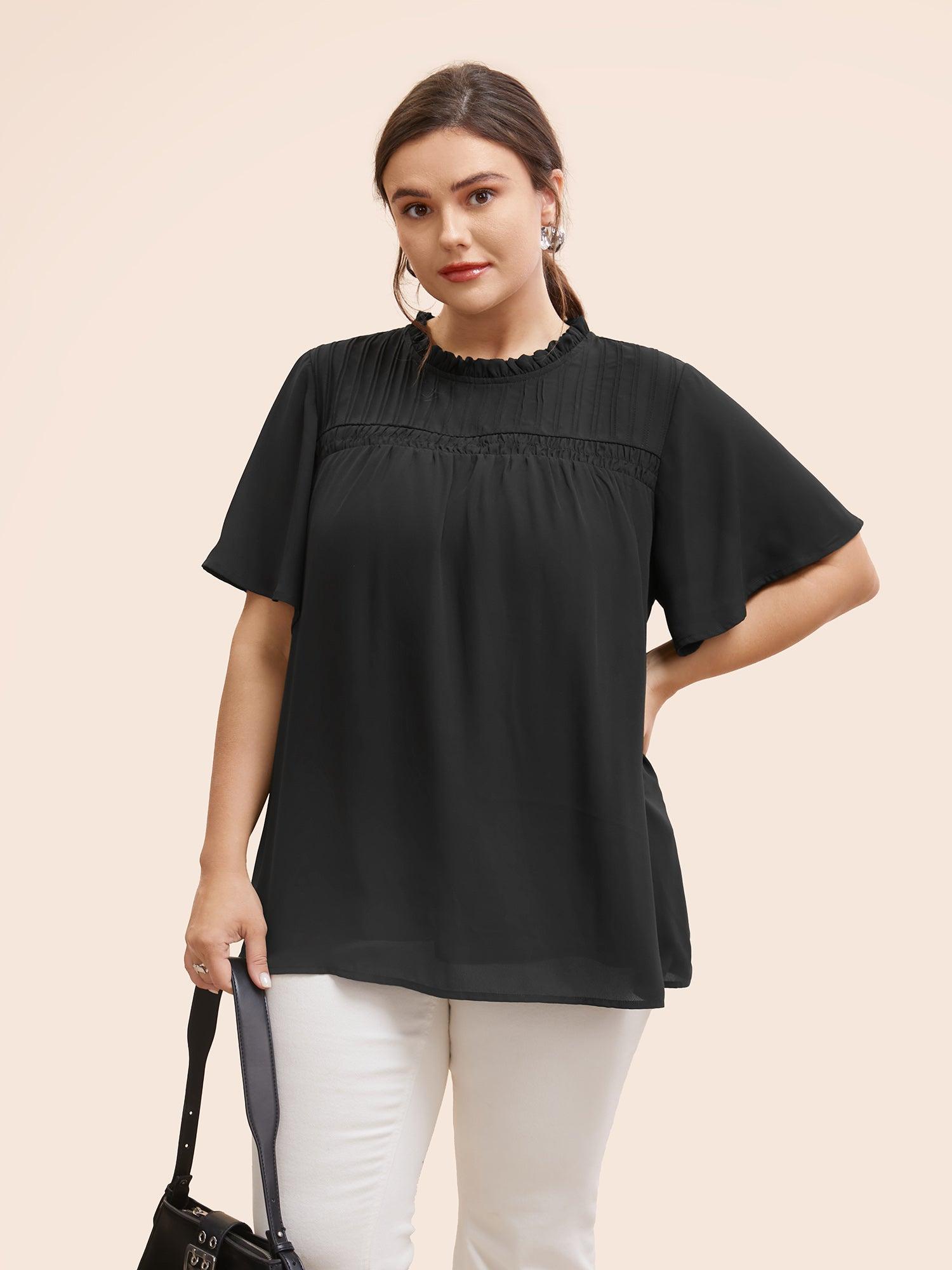 Anti-Wrinkle Shirred Ruffle Sleeve Mesh Frill Trim Blouse Female Product Image