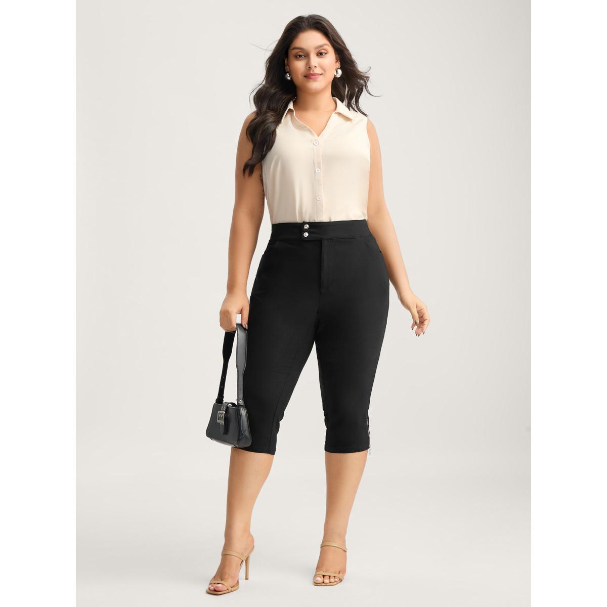 Plus Size Side Zipper Buckle Detail Crop Pants Women Black Skinny Mid Rise Work Pants BloomChic 22-24/3X Product Image