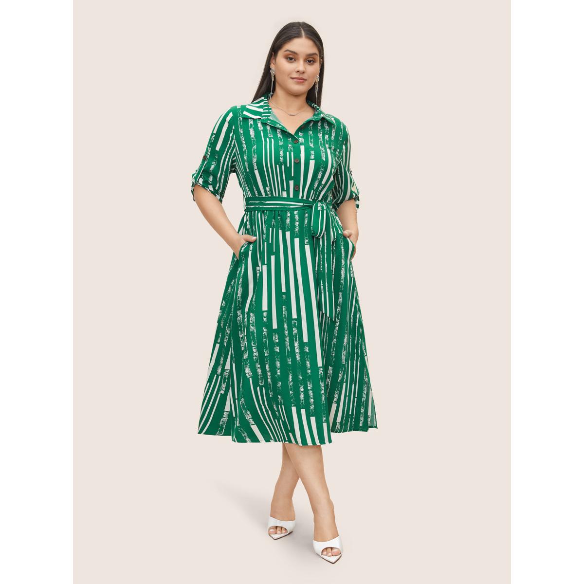 Plus Size Geometric Shirt Collar Tab Sleeve Belted Dress DarkGreen Women At the Office Belted Shirt collar Elbow-length sleeve Curvy Midi Dress BloomChic 18-20/2X Product Image