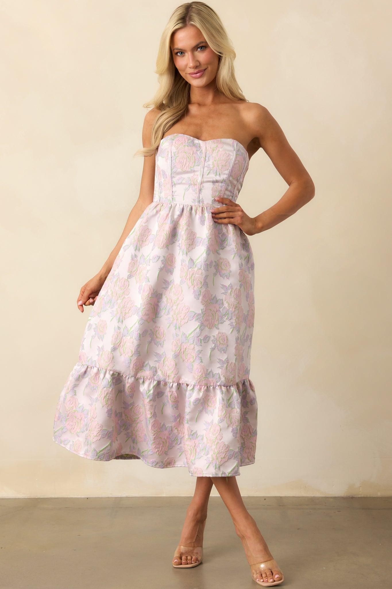 In The Spotlight Lavender Floral Jacquard Strapless Midi Dress Product Image