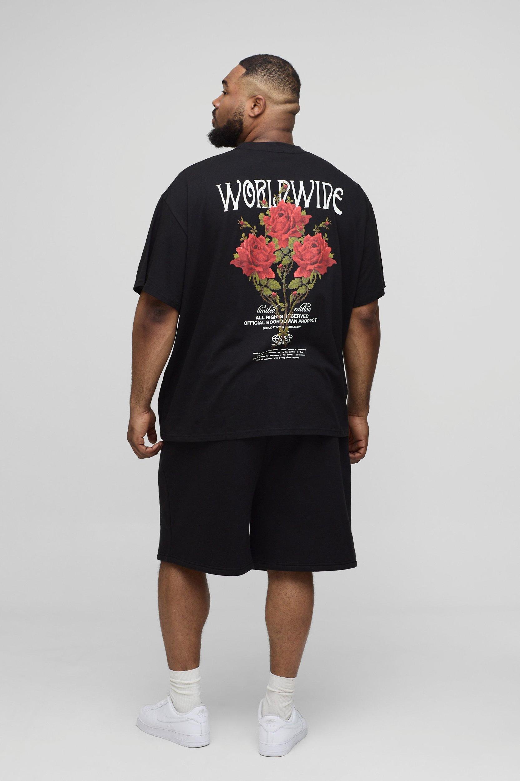Plus Oversized Extended Neck Worldwide Floral Print T-Shirt | boohooMAN USA Product Image