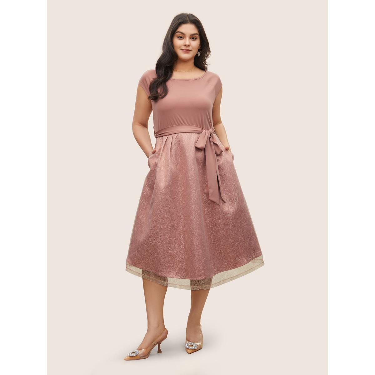 Plus Size Textured Mesh Patchwork Belted Boat Neck Dress DustyPink Women Cocktail Non Boat Neck Cap Sleeve Curvy Midi Dress BloomChic 12/L Product Image
