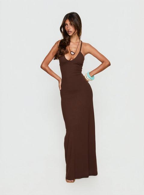 Pasita Halter Tie Up Maxi Dress Chocolate Product Image
