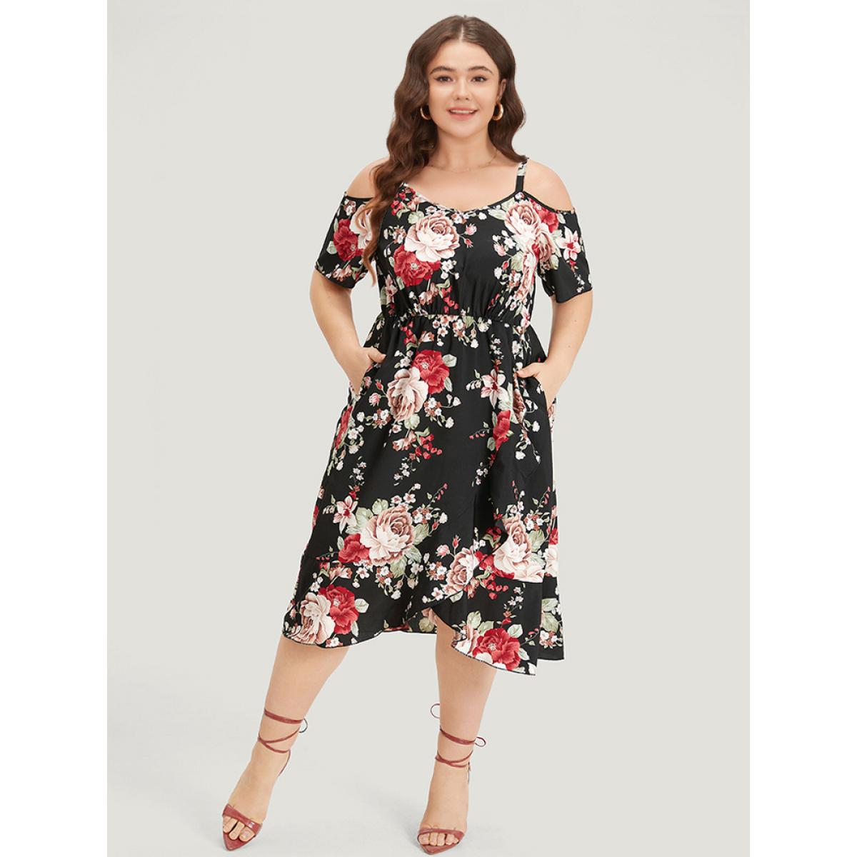 Plus Size Floral Print Pocket Asymmetrical Hem Cold Shoulder Dress Black Women Elegant Elastic Waist Cold Shoulder Short sleeve Curvy Midi Dress BloomChic 26/4X Product Image
