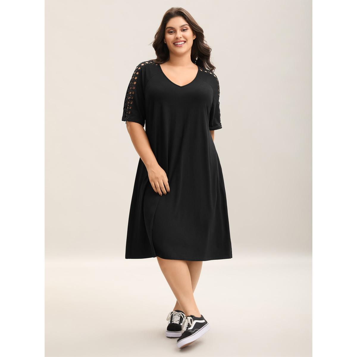 Plus Size Supersoft Cut-Out Sleeve Midi Dress Black Women Cut-Out Knit Dresses Bloomchic 12/L Product Image