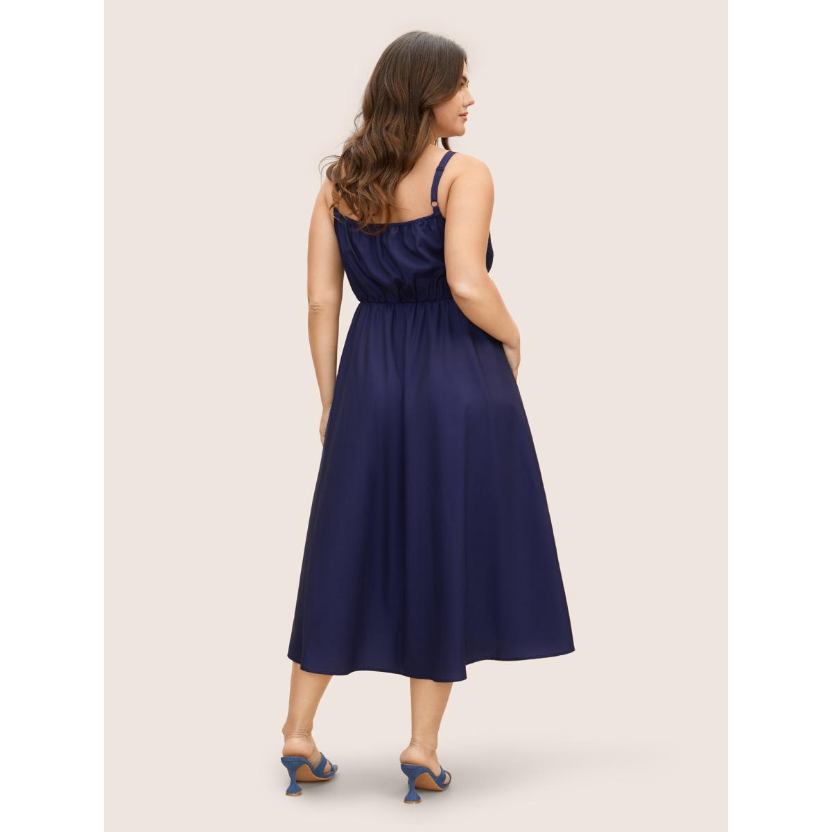 Plus Size Pink Lilies Print Gathered Cami Midi Dress DarkBlue Women Elegant Gathered Non Sleeveless Curvy BloomChic 14-16/1X Product Image