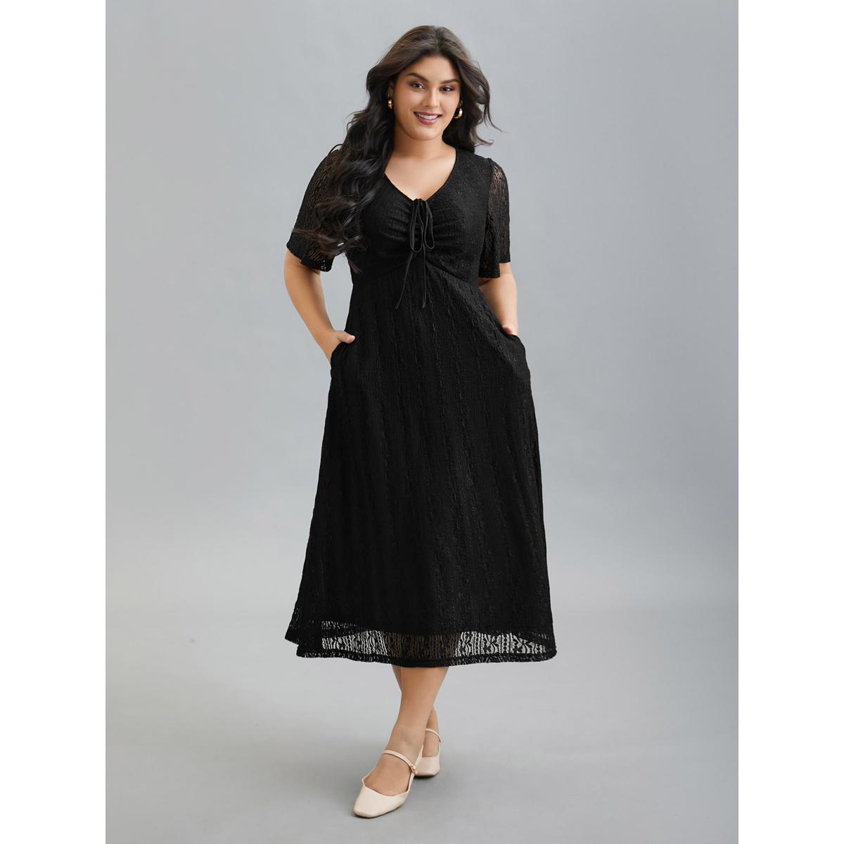 Plus Size Lace V-Neck Bow Drawstring Midi Dress Black Women Casual Tie knot Knit Dresses Bloomchic 12/L Product Image