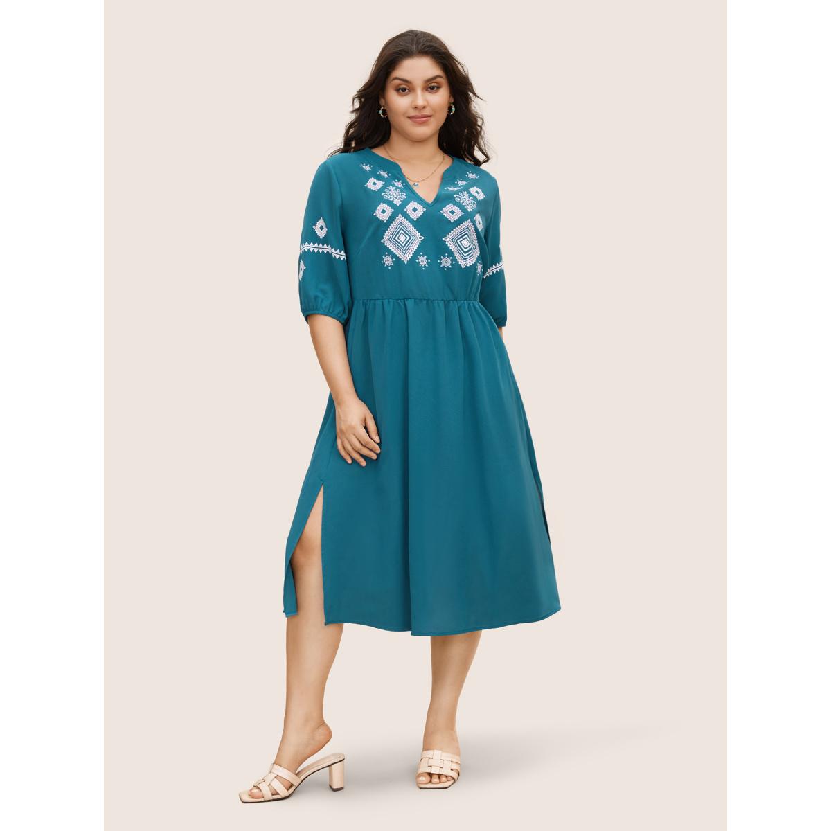 Plus Size Bandana Notched Collar Split Hem Midi Dress Mediumblue Women Resort Gathered Notched collar Elbow-length sleeve Curvy BloomChic 10/M Product Image