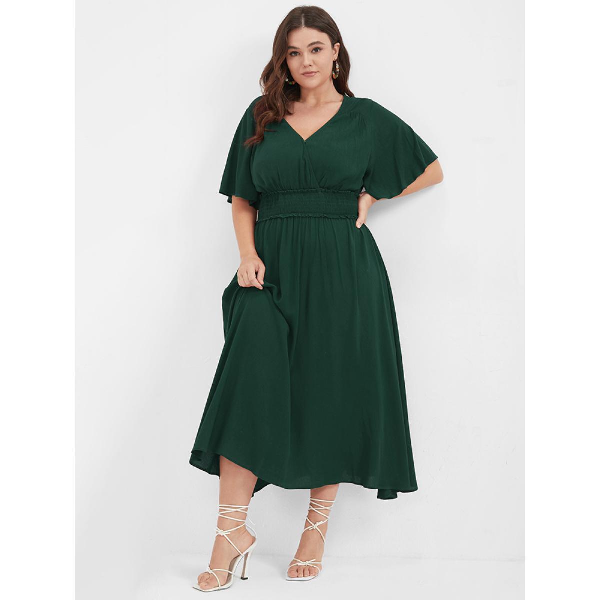 Plus Size Plain Shirred Button Elastic Waist Ruffles Midi Dress DarkGreen Women Elegant Elastic Waist V-neck Short sleeve Curvy Midi Dress BloomChic 26/4X Product Image