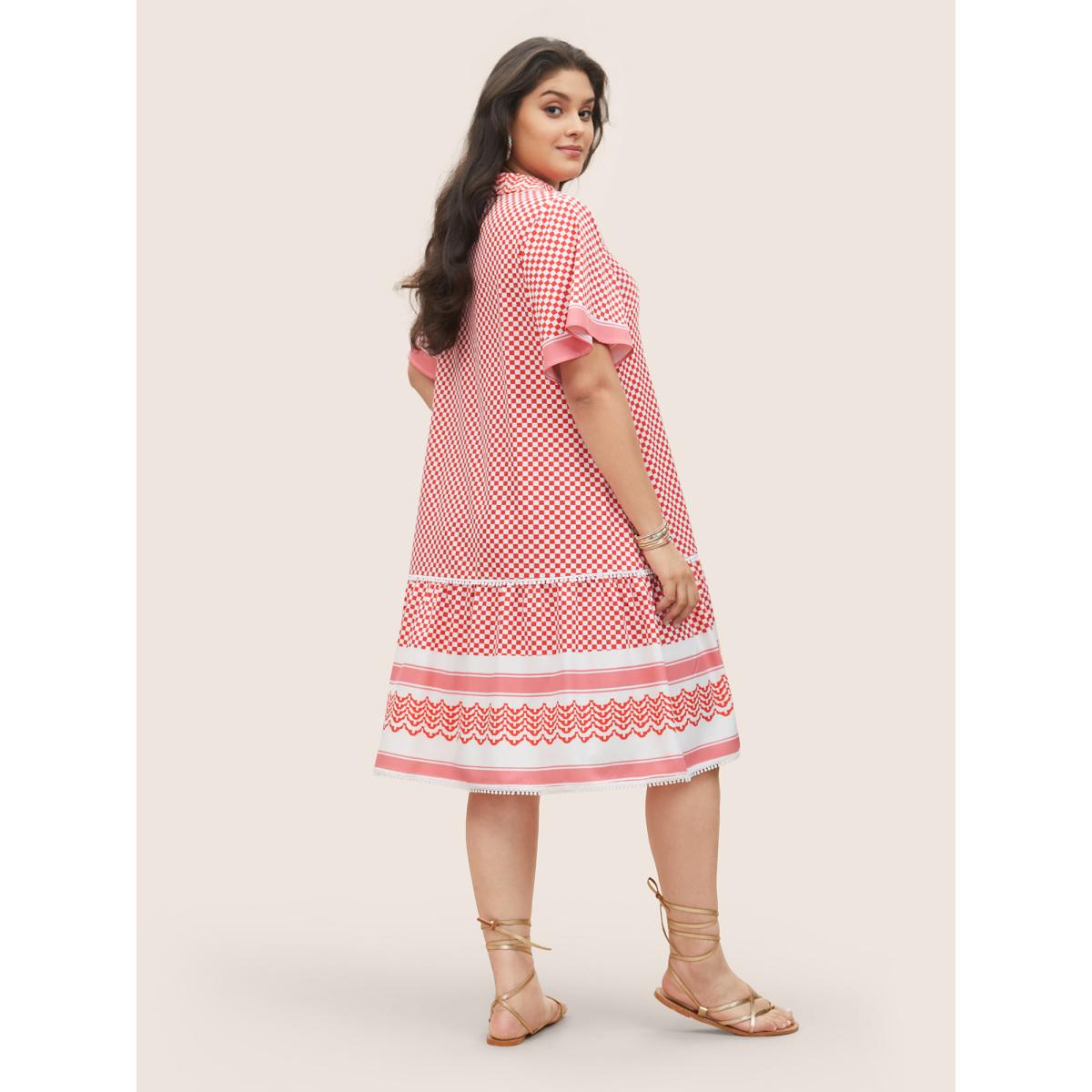 Plus Size Gingham Patchwork Lapel Collar Ruffle Sleeve Dress Raspberry Women Resort Non Lapel Collar Short sleeve Curvy Midi Dress BloomChic 28/5X Product Image
