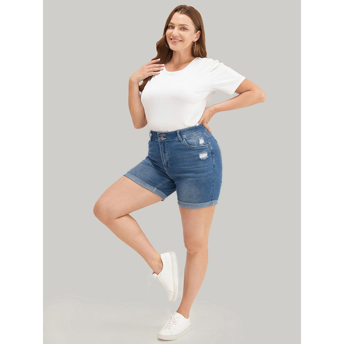 Plus Size Moderately Stretchy High Rise Roll Hem Single Breasted Jeans Women Blue Casual Plain Medium stretch Pocket Jeans BloomChic 10/M Product Image