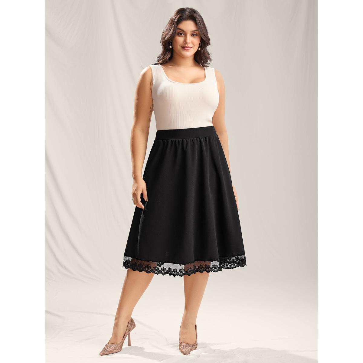Plus Size Plain Pleated Lace Hem Midi Skirt Women Black Formal See through Bodycon Low stretch Slanted pocket Party Skirts BloomChic 14-16/1X Product Image