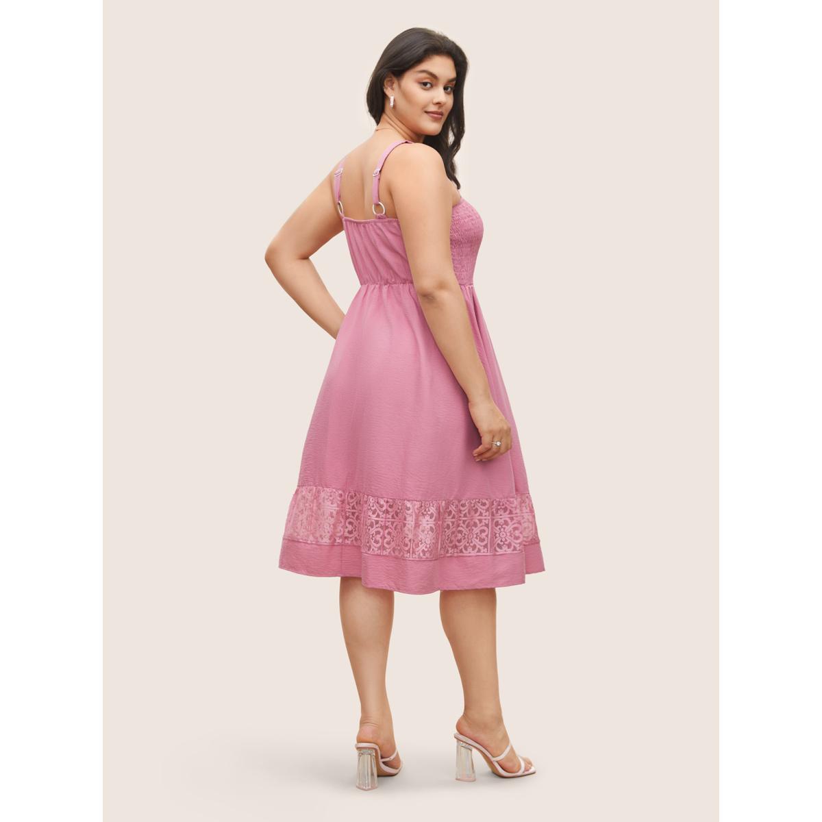 Plus Size Solid Shirred Pocket Contrast Lace Cami Dress Pink Women Elegant Non Non Sleeveless Curvy Midi Dress BloomChic 30/6X Product Image