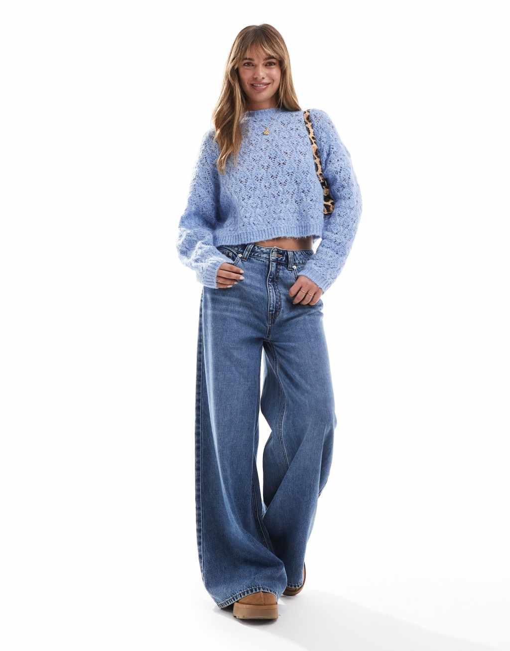 Miss Selfridge pretty pointelle stitch sweater in soft blue Product Image