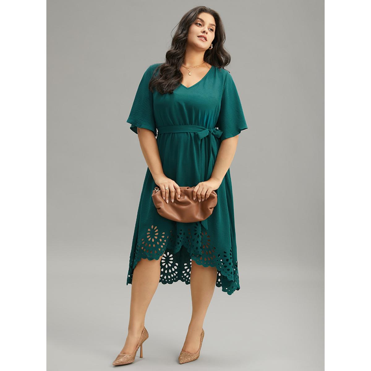 Plus Size Plain Belted Laser Cut High Low Hem Dress Emerald Women Office Gathered V-neck Half Sleeve Curvy Midi Dress BloomChic 22-24/3X Product Image