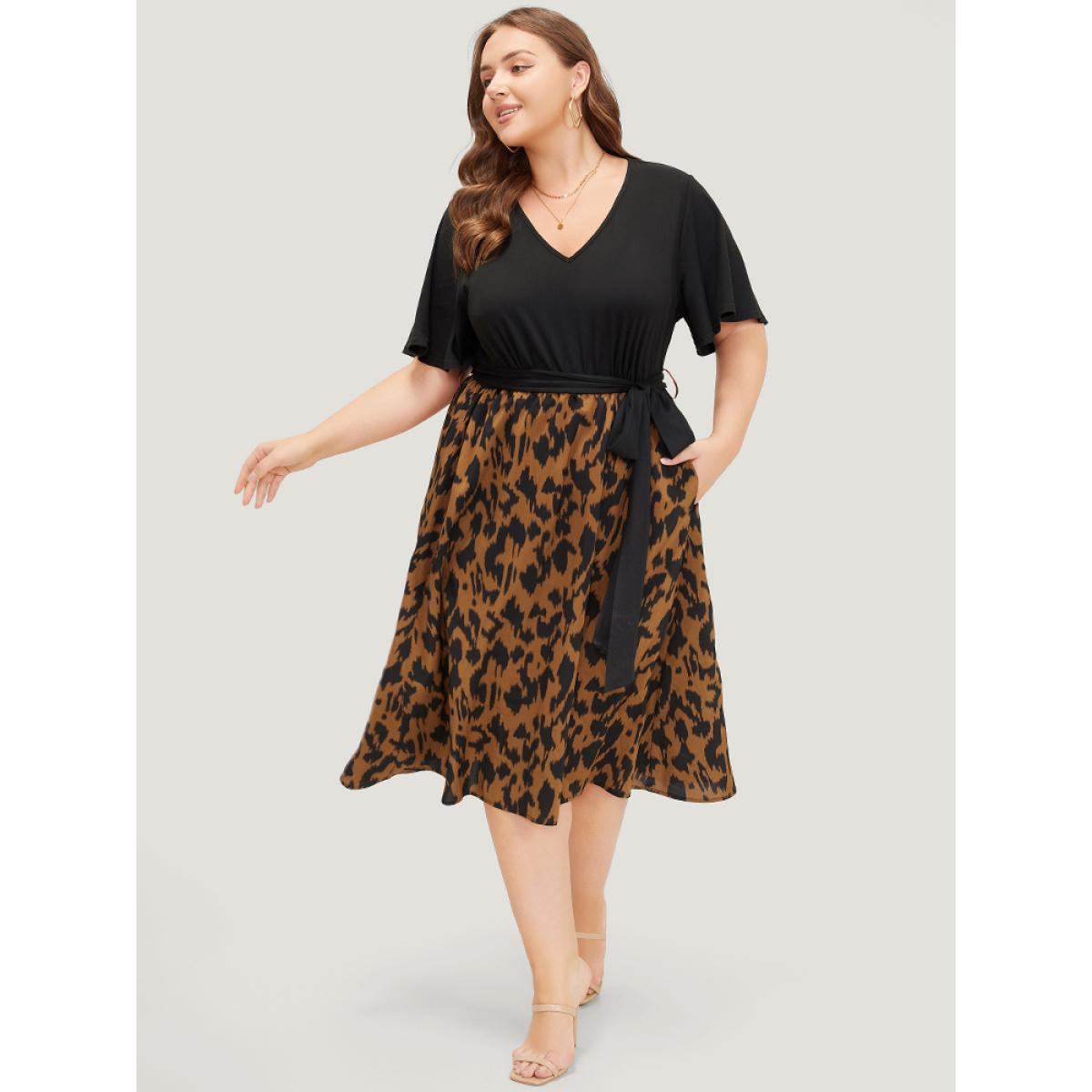 Plus Size Allover Print Contrast Belted Ruffle Sleeve Patchwork Dress Black Women Elegant Contrast V-neck Short sleeve Curvy Midi Dress BloomChic 10/M Product Image