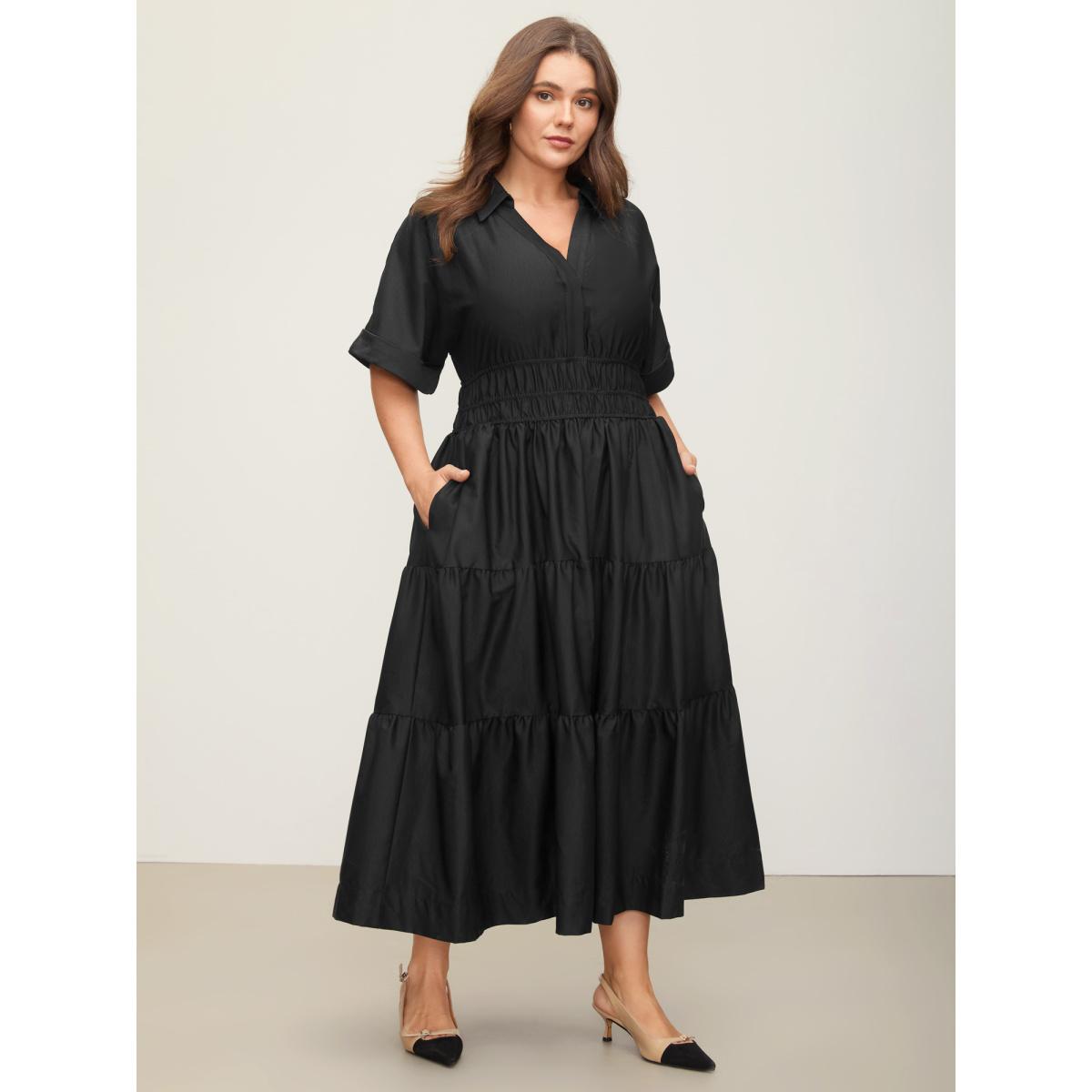 Plus Size Midfield Tiered Midi Shirt Dress Black Women Office Gathered Shirt collar Short sleeve Curvy BloomChic 30/6X Product Image