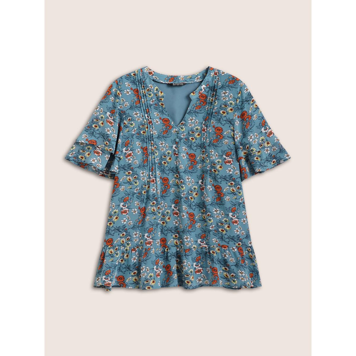 Plus Size Cerulean Floral Tucked Seam Notched Collar Blouse Women Elegant Short sleeve Notched collar Everyday Blouses BloomChic 14-16/1X Product Image