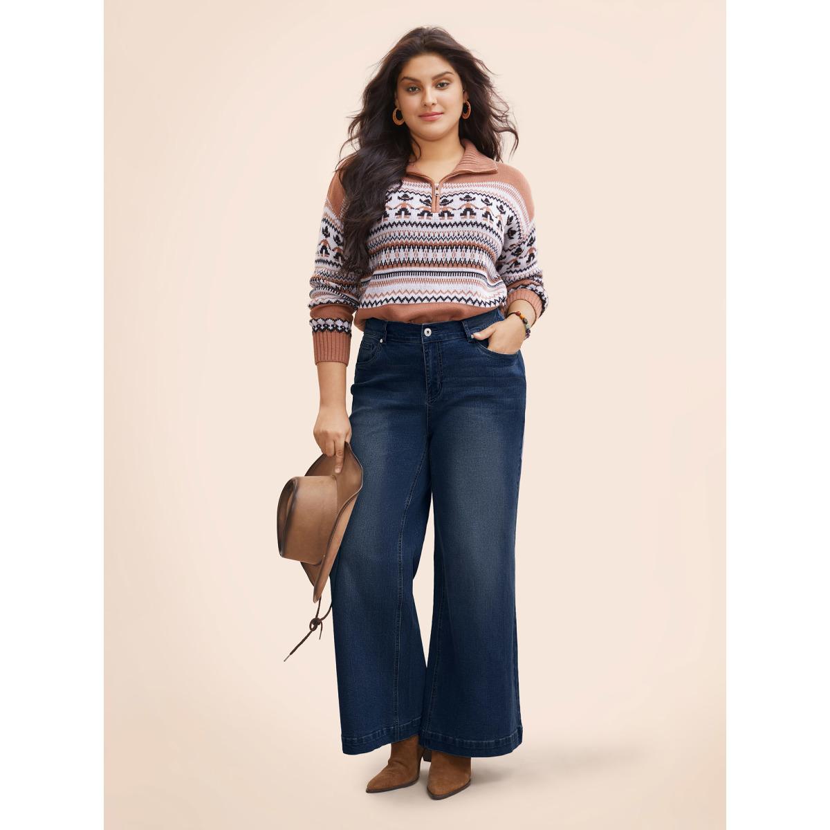 Plus Size Stretch Denim Wide Leg Cut Jeans Women Denimindigo Casual Button Medium stretch Slanted pocket Jeans BloomChic 18/2X Product Image