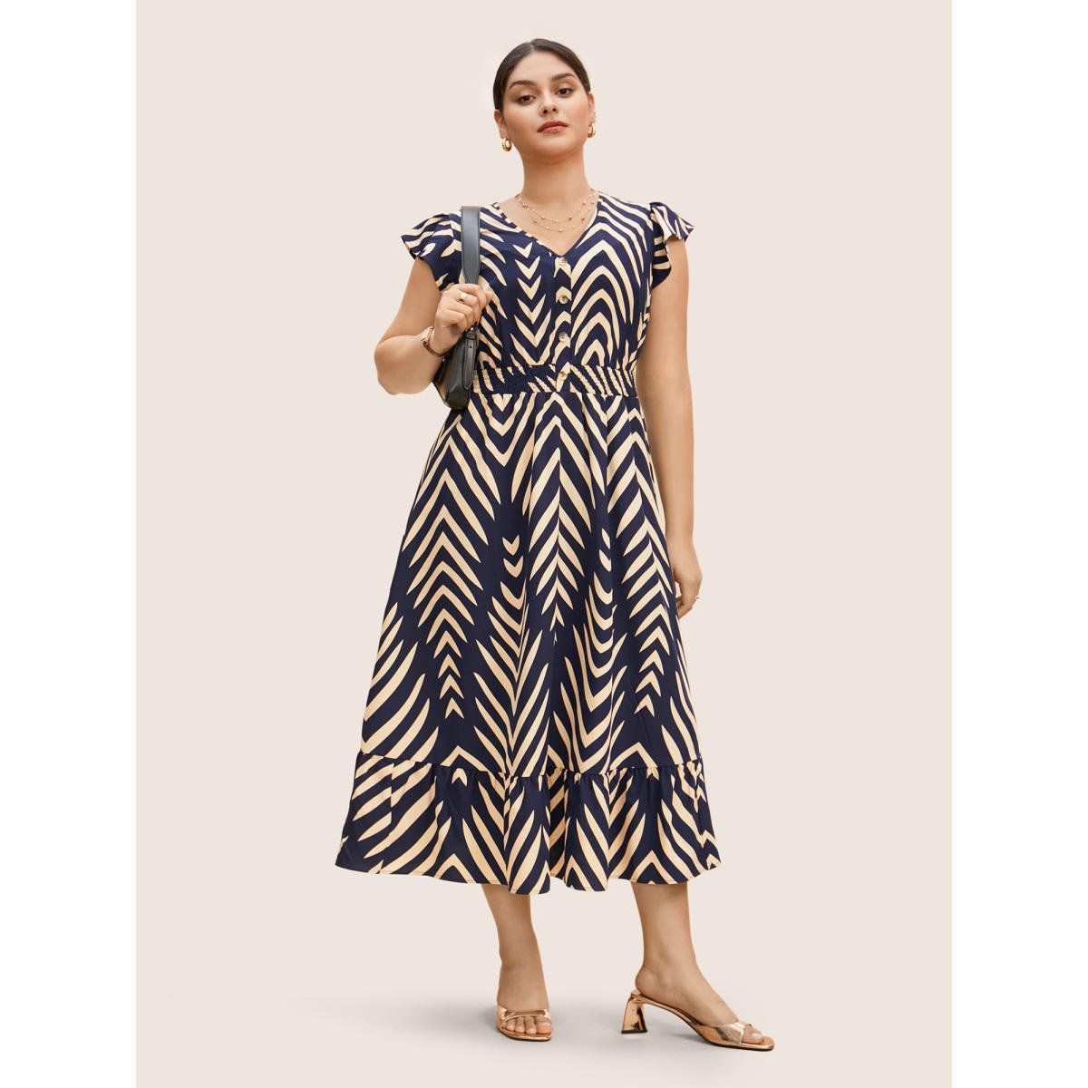 Plus Size Striped Shirred Button Detail Ruffle Cap Sleeve Dress Navy Women At the Office Button V-neck Cap Sleeve Curvy BloomChic 14-16/1X Product Image