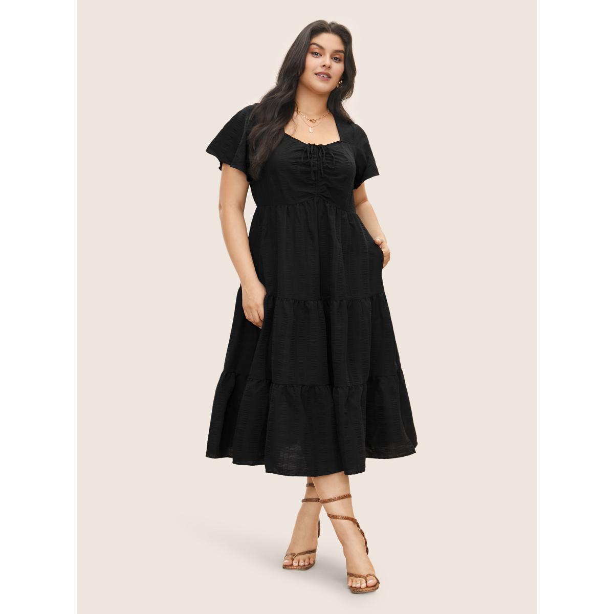 Plus Size Plain Ruched Drawstring Pocket Ruffle Tiered Dress Black Women Elegant Non V-neck Short sleeve Curvy Midi Dress BloomChic 22-24/3X Product Image