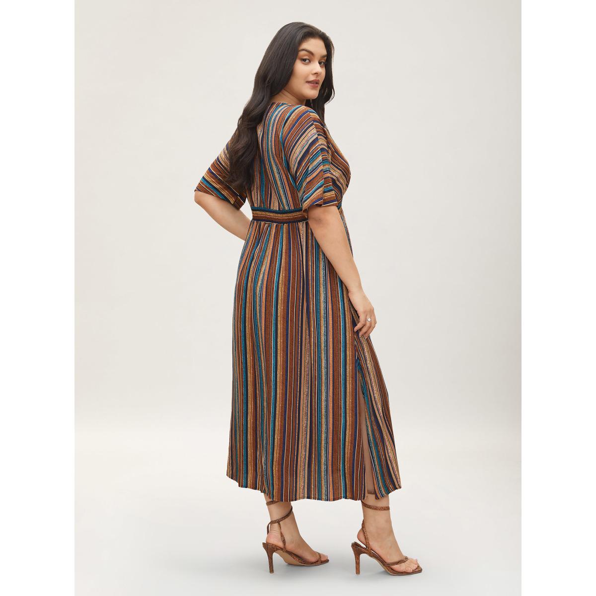 Plus Size Striped Contrast Dolman Sleeve Shirred Pocket Split Flutter Dress Multicolor Women Boho Non V-neck Half Sleeve Curvy BloomChic 12/L Product Image
