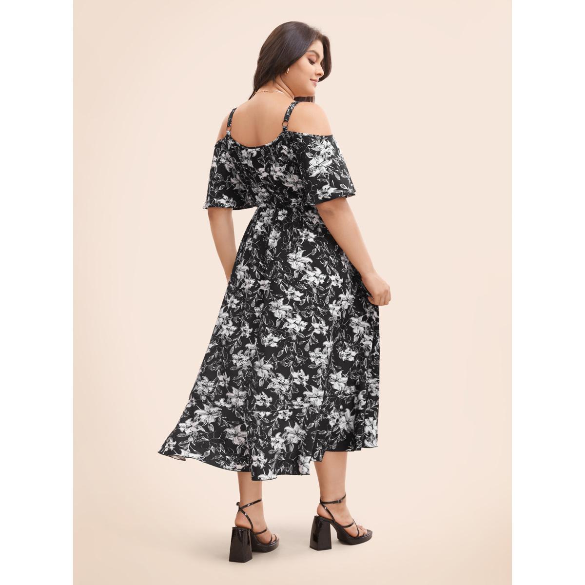 Plus Size Floral Heart Neckline Ruffle Trim Dress Black Women Elegant Ruffles Heart neckline Short sleeve Curvy BloomChic 30/6X Product Image