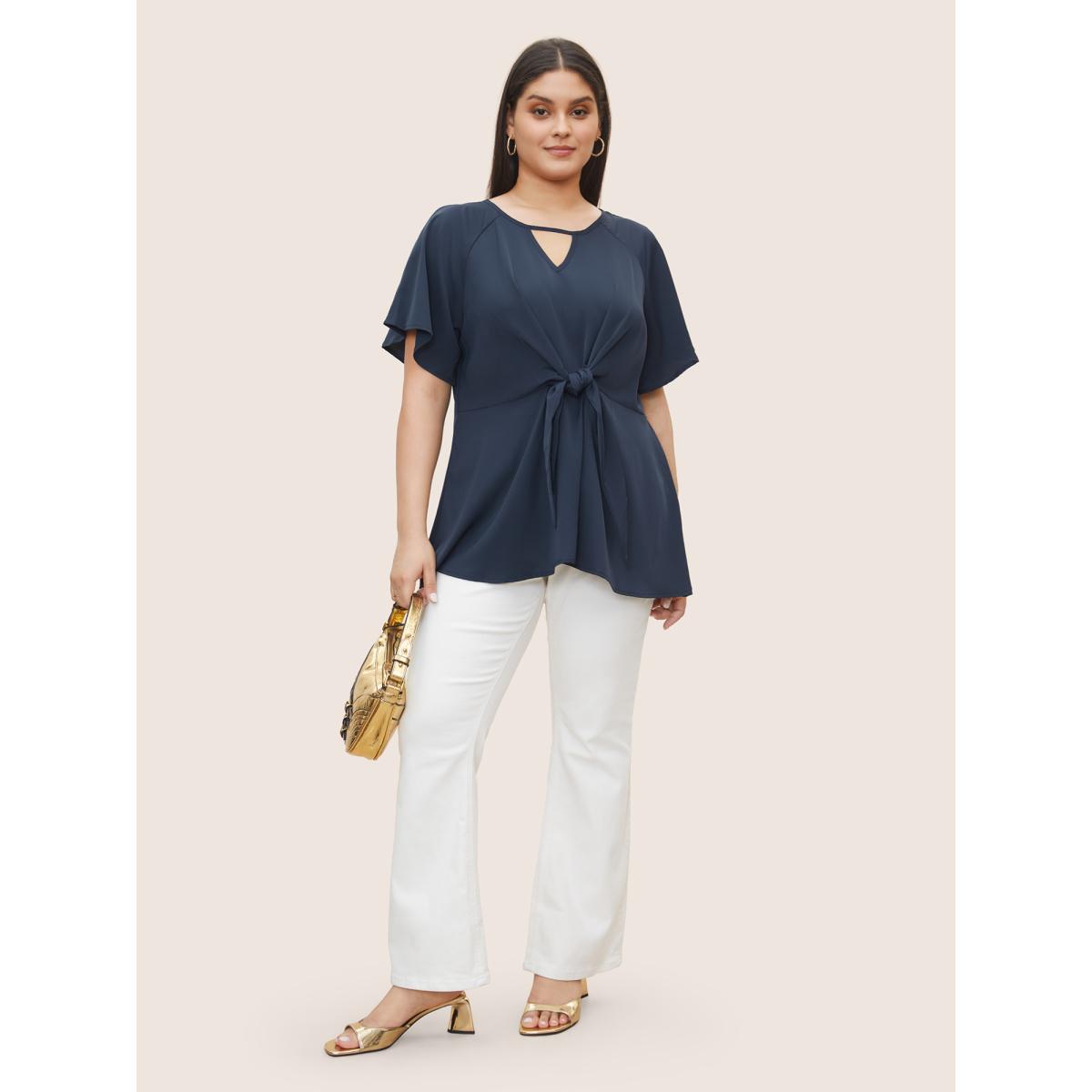 Plus Size Indigo Plain Keyhole Knotted Front Ruffle Sleeve Blouse Women Work From Home Short sleeve Round Neck Work Blouses BloomChic 26/4X Product Image