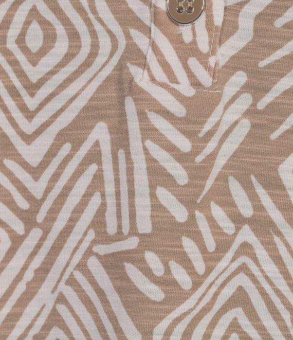 Multiples Slub Knit Georgette Printed Collared V-Neck 3/4 Sleeve Top Product Image