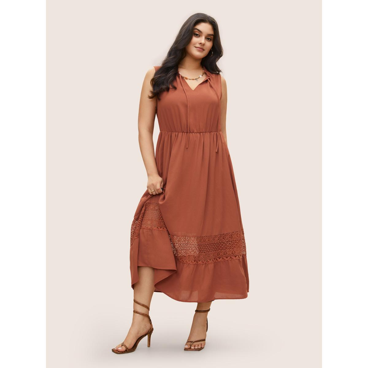 Plus Size Lace Panel Tie Neck Frill Trim Tank Dress Rust Women Resort Non V-neck Sleeveless Curvy Midi Dress BloomChic 30/6X Product Image