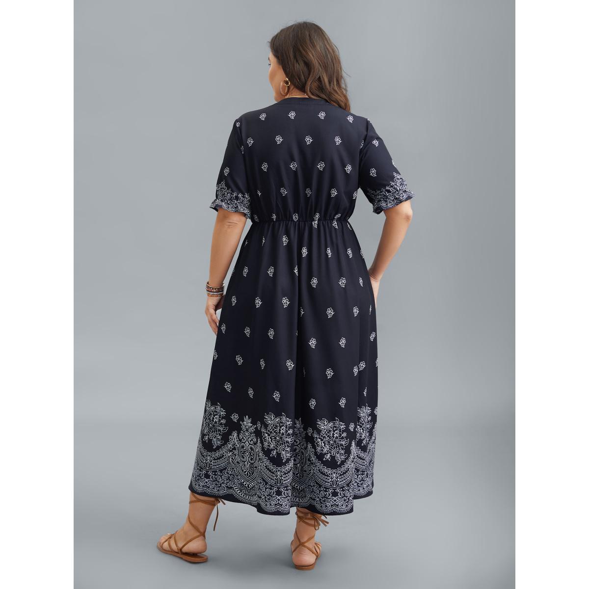 Plus Size Floral Waist-Tie Notched Collar Midi Dress Indigo Women Boho Ruffles Notched collar Half Sleeve Curvy BloomChic 18-20/2X Product Image