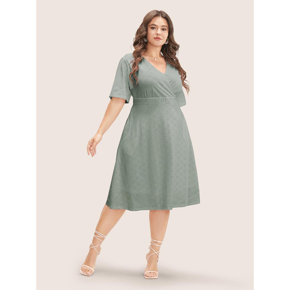 Plus Size Solid Pocket Laser Cut Surplice Neck Knee Dress Sage Women Elegant Pocket V-neck Short sleeve Curvy Knee Dress BloomChic 30/6X Product Image