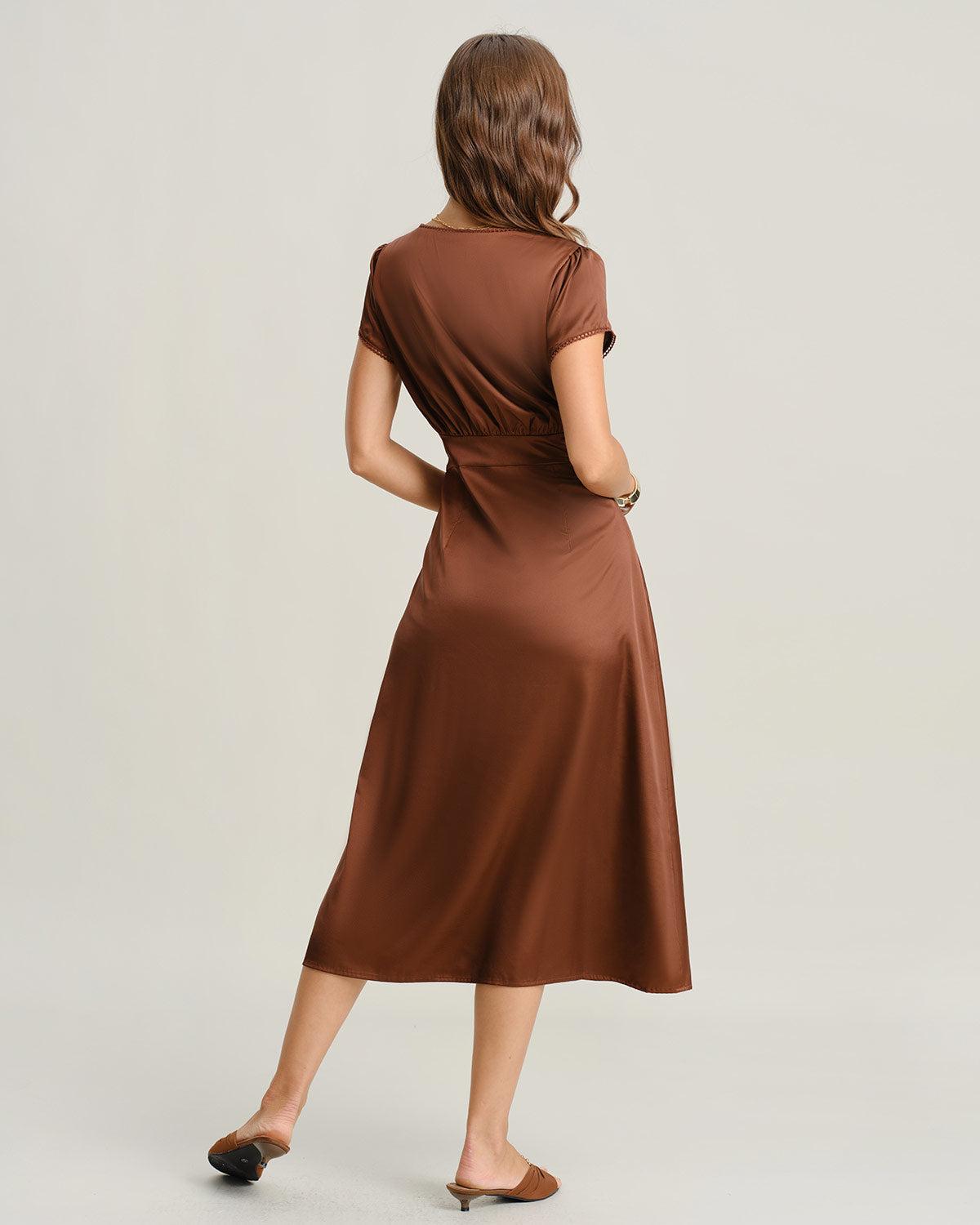 Brown V Neck Cap Sleeve Midi Dress Product Image