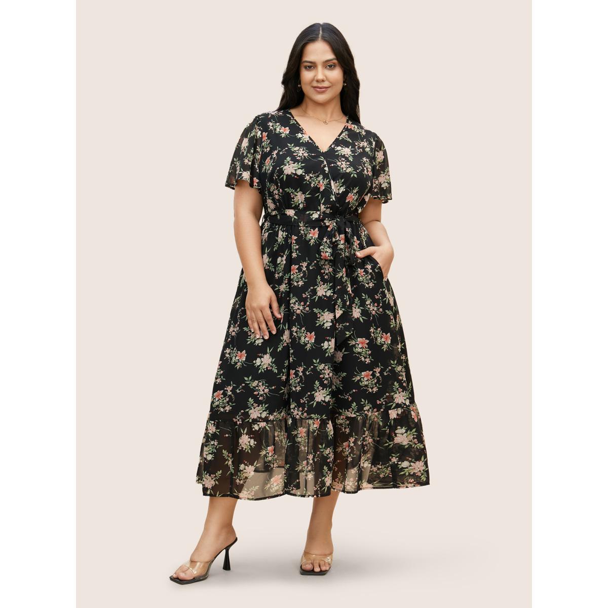 Plus Size Surplice Neck Chiffon Floral Belted Dress Black Women Elegant See through V-neck Short sleeve Curvy BloomChic 30/6X Product Image