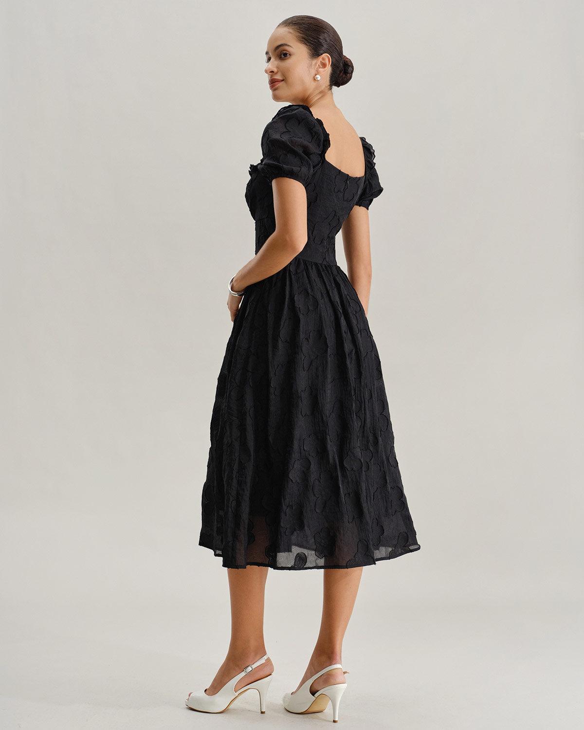 Black Square Neck Puffed Sleeve Midi Dress Product Image