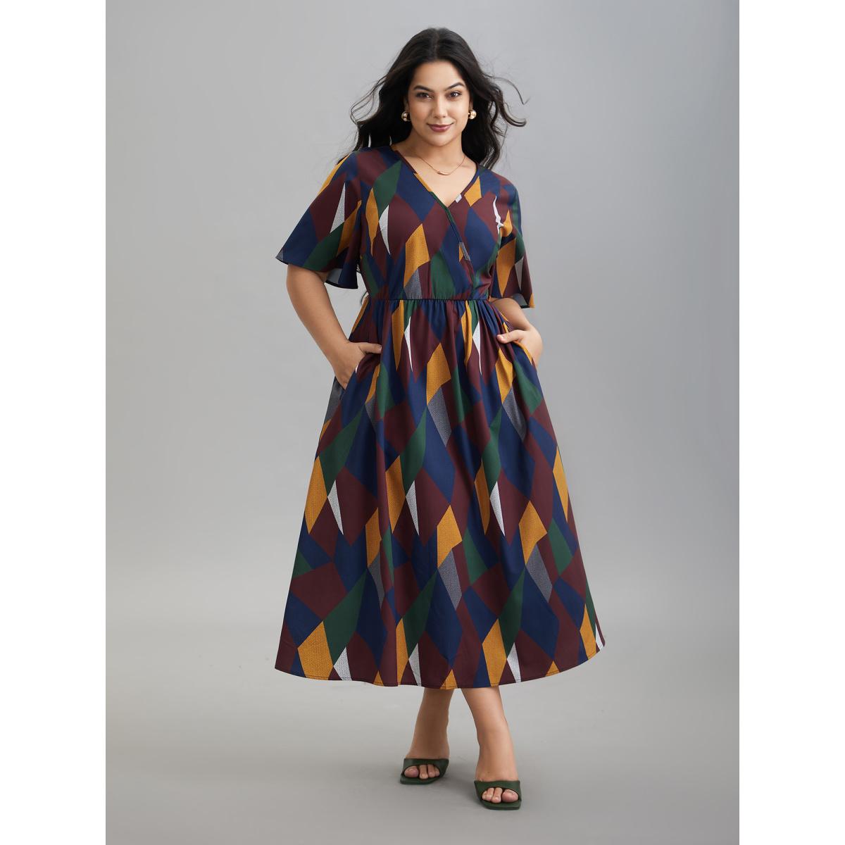 Plus Size Geometric Print Fit and Flare Midi Dress Multicolor Women Elegant Non Overlap Collar Half Sleeve Curvy BloomChic 18-20/2X Product Image