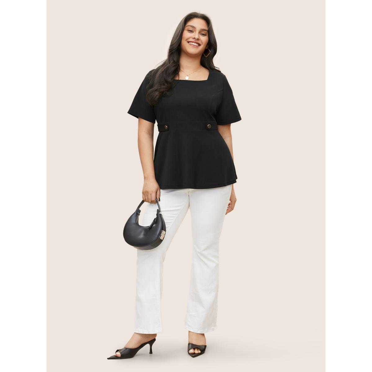 Plus Size Black Square Neck Waist Tab Gathered Blouse Women Workwear Essentials Short sleeve Square Neck Work Blouses BloomChic 10/M Product Image