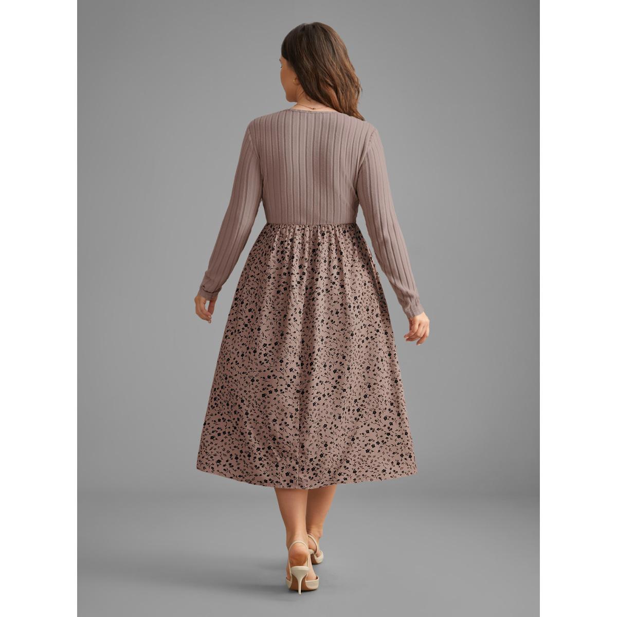 Plus Size Ditsy Floral Patchwork Texture Midi Dress DustyPink Women Elegant Texture V-neck Long Sleeve Curvy BloomChic 10/M Product Image