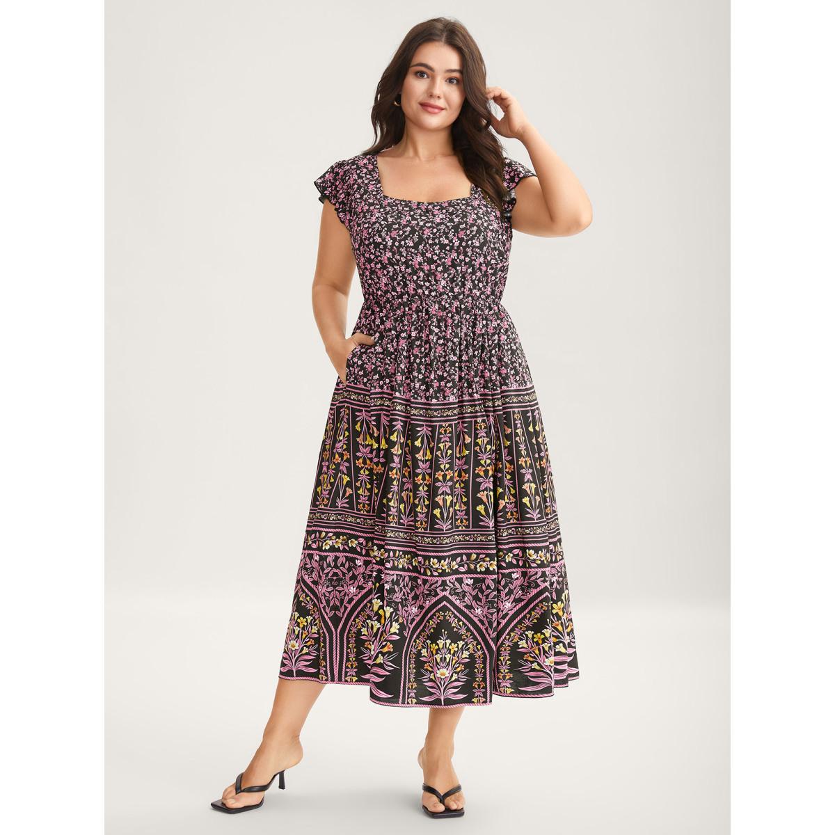 Plus Size Rayon Garden Fresh Ruffled Sleeve Midi Dress Peach Women Resort Heart neckline Cap Sleeve Curvy BloomChic 10/M Product Image