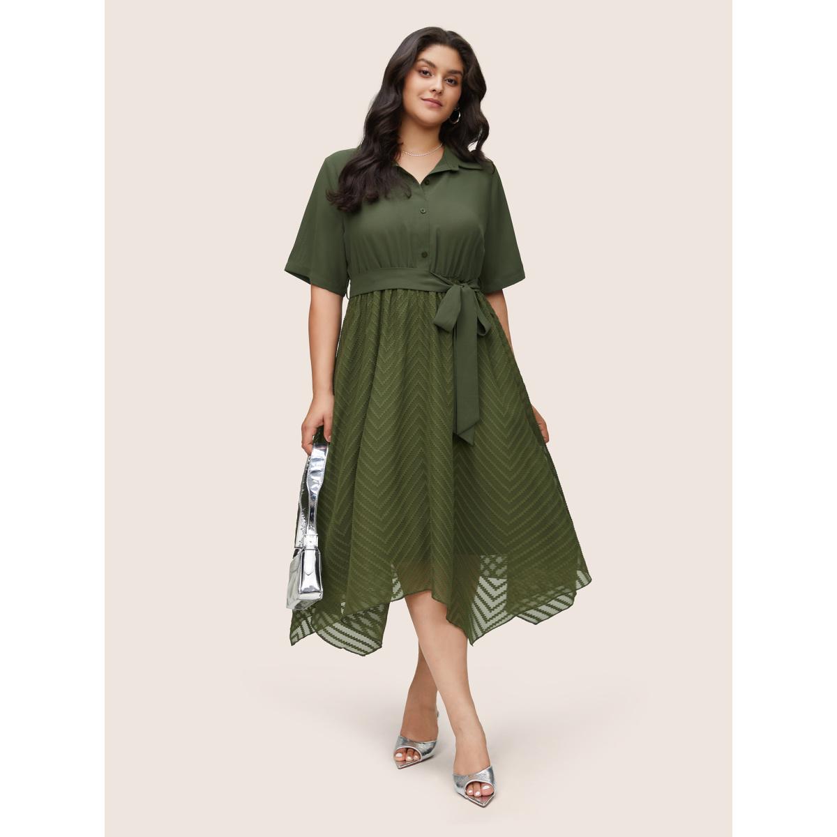 Plus Size Plain Texture Mesh Belted Asymmetrical Hem Dress ArmyGreen Women At the Office Texture Shirt collar Short sleeve Curvy Midi Dress BloomChic 14-16/1X Product Image